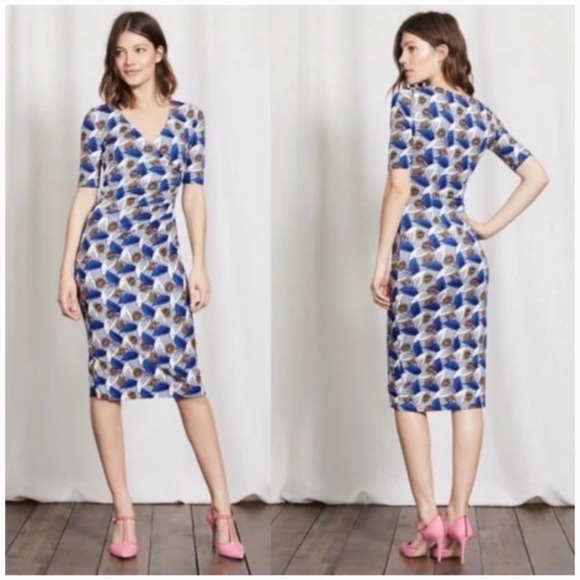 Boden Ruth Faux Wrap Dress Blue Botanical Sz 10 Long workwear business casual - Picture 2 of 12